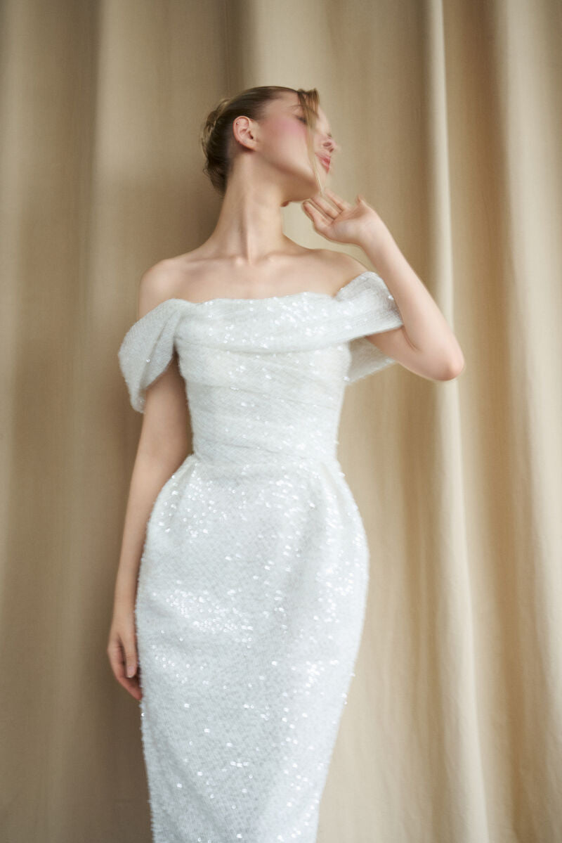 OFF-SHOULDER DRAPE IVORY SEQUIN GOWN - CULT MIA