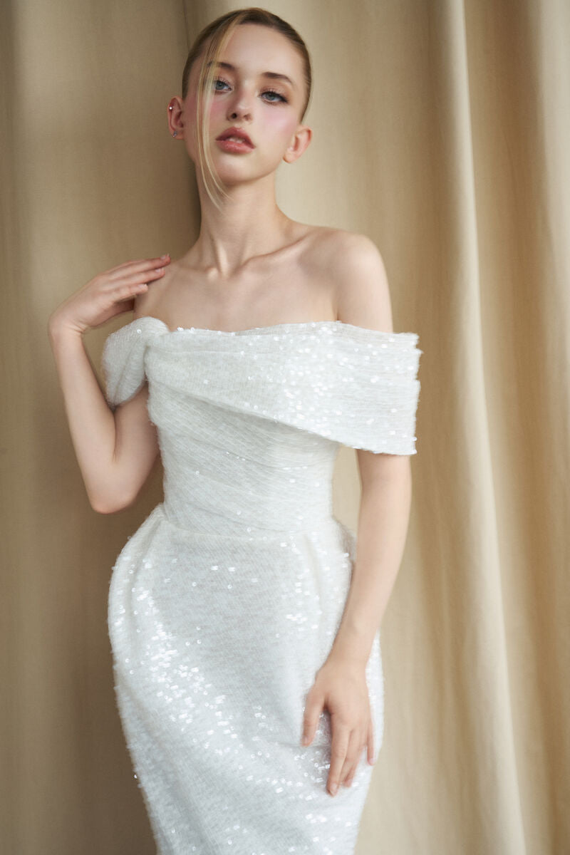 OFF-SHOULDER DRAPE IVORY SEQUIN GOWN - CULT MIA