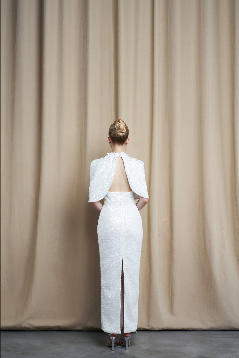 HIGH NECK DRAPED SEQUIN GOWN WITH EMBELLISHED COLLAR - CULT MIA