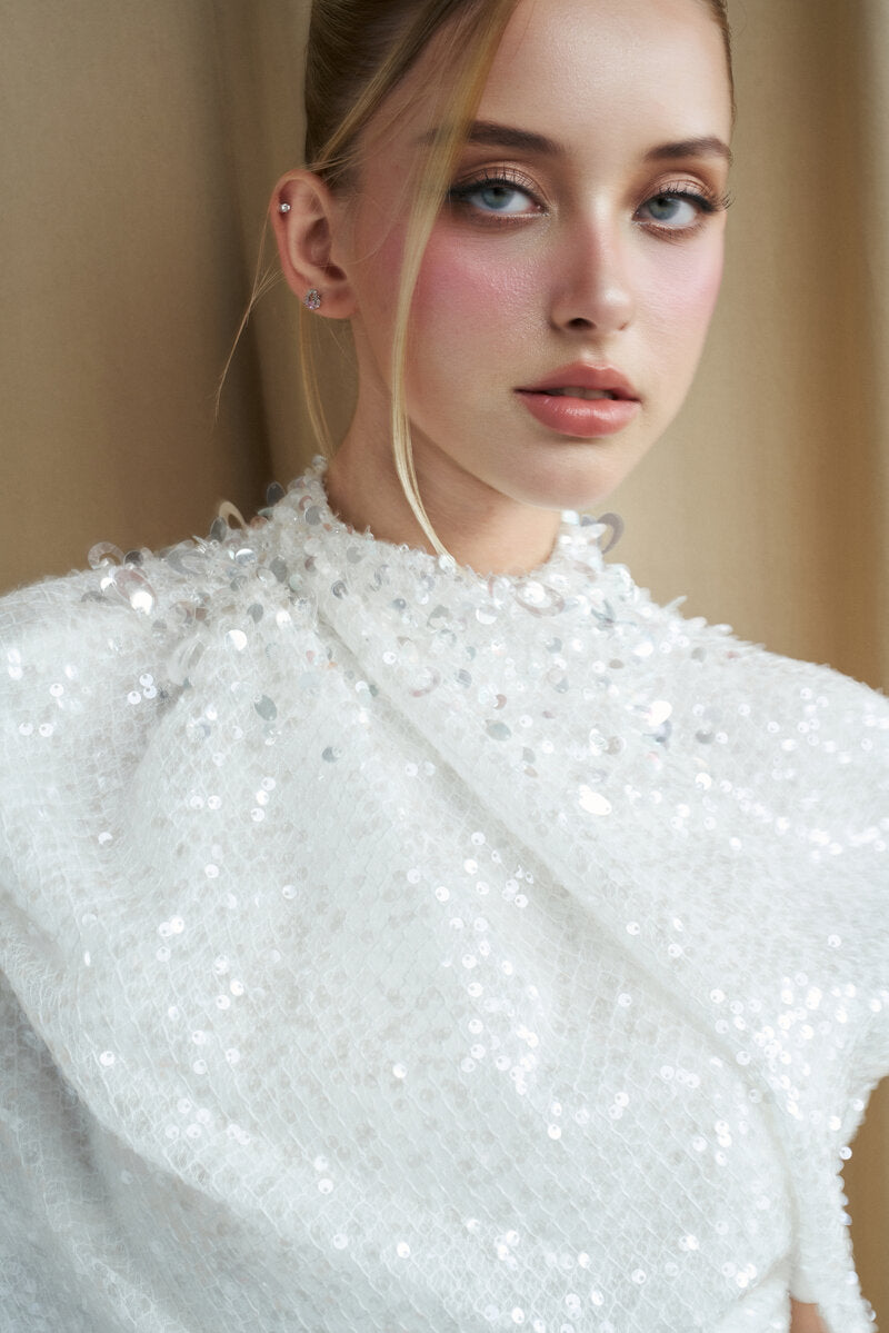 HIGH NECK DRAPED SEQUIN GOWN WITH EMBELLISHED COLLAR - CULT MIA