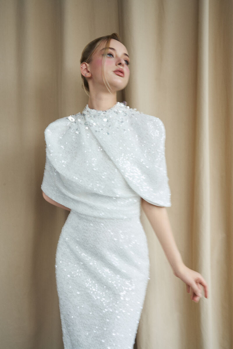 HIGH NECK DRAPED SEQUIN GOWN WITH EMBELLISHED COLLAR - CULT MIA