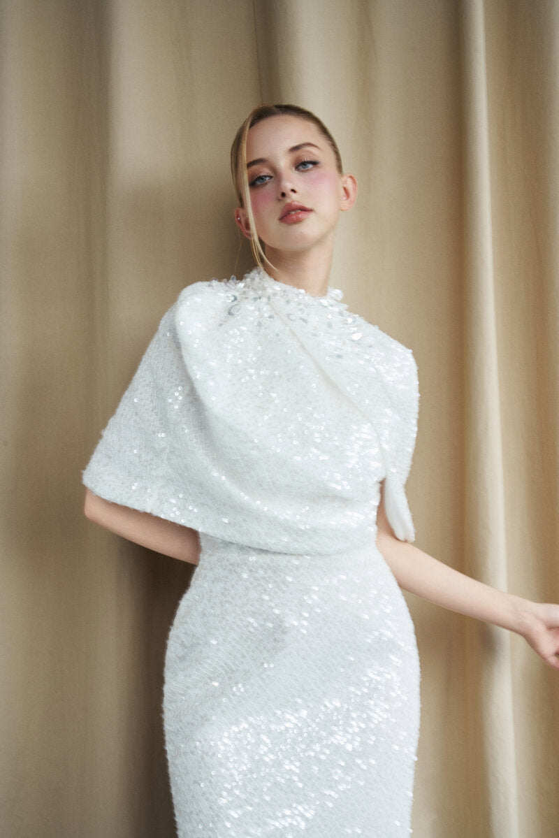 HIGH NECK DRAPED SEQUIN GOWN WITH EMBELLISHED COLLAR - CULT MIA