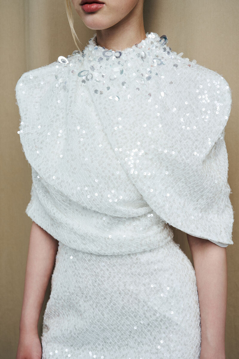 HIGH NECK DRAPED SEQUIN GOWN WITH EMBELLISHED COLLAR - CULT MIA