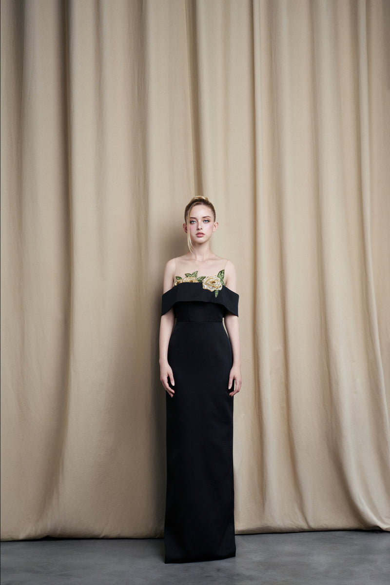 BLACK GOWN WITH SHEER FLORAL EMBROIDERED BODICE - CULT MIA