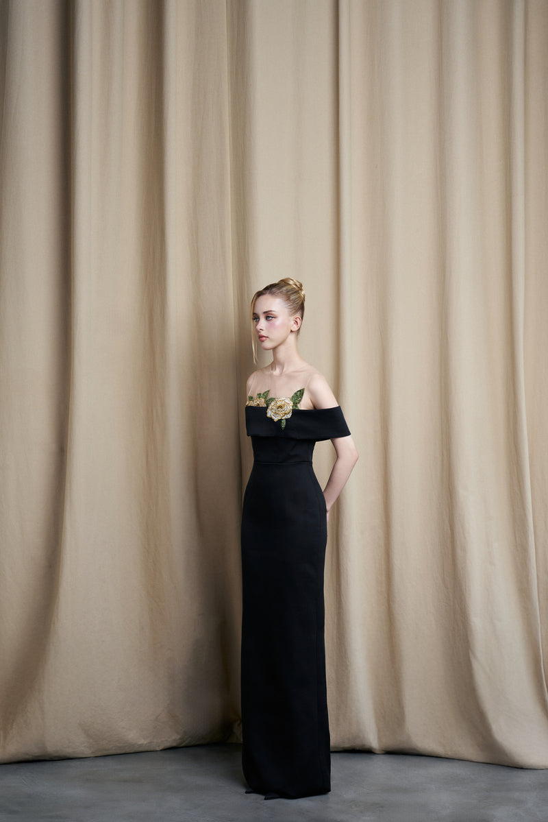 BLACK GOWN WITH SHEER FLORAL EMBROIDERED BODICE - CULT MIA