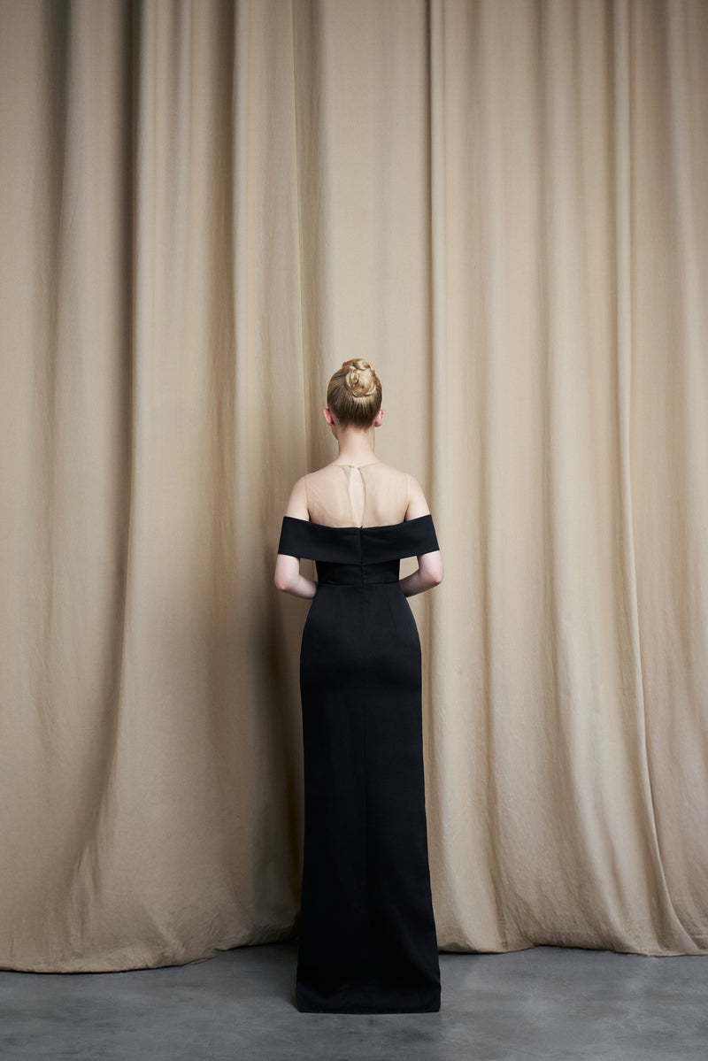 BLACK GOWN WITH SHEER FLORAL EMBROIDERED BODICE - CULT MIA