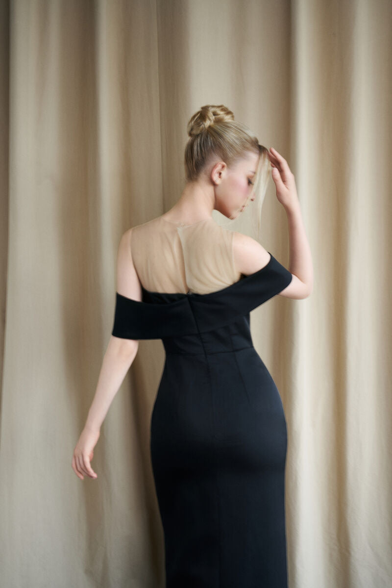 BLACK GOWN WITH SHEER FLORAL EMBROIDERED BODICE - CULT MIA