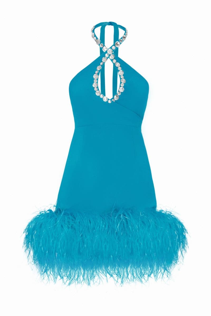 Monika Dimova BLUE MIA FEATHER-EMBELLISHED CREPE MINI DRESS | Cult MIA Monika Dimova BLUE MIA FEATHER-EMBELLISHED CREPE MINI DRESS | Cult MIA