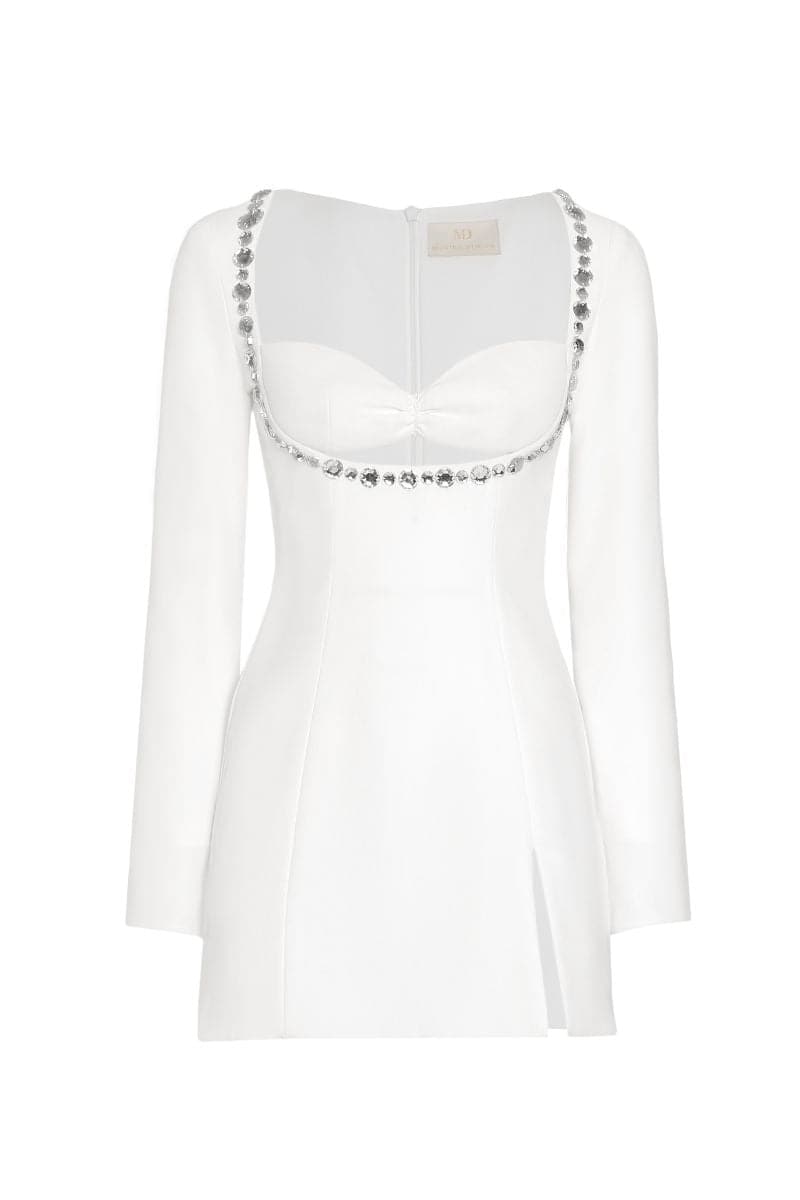 WHITE CELINE MINI EMBELLISHED CREPE MINI DRESS | CULT MIA WHITE CELINE MINI EMBELLISHED CREPE MINI DRESS | CULT MIA