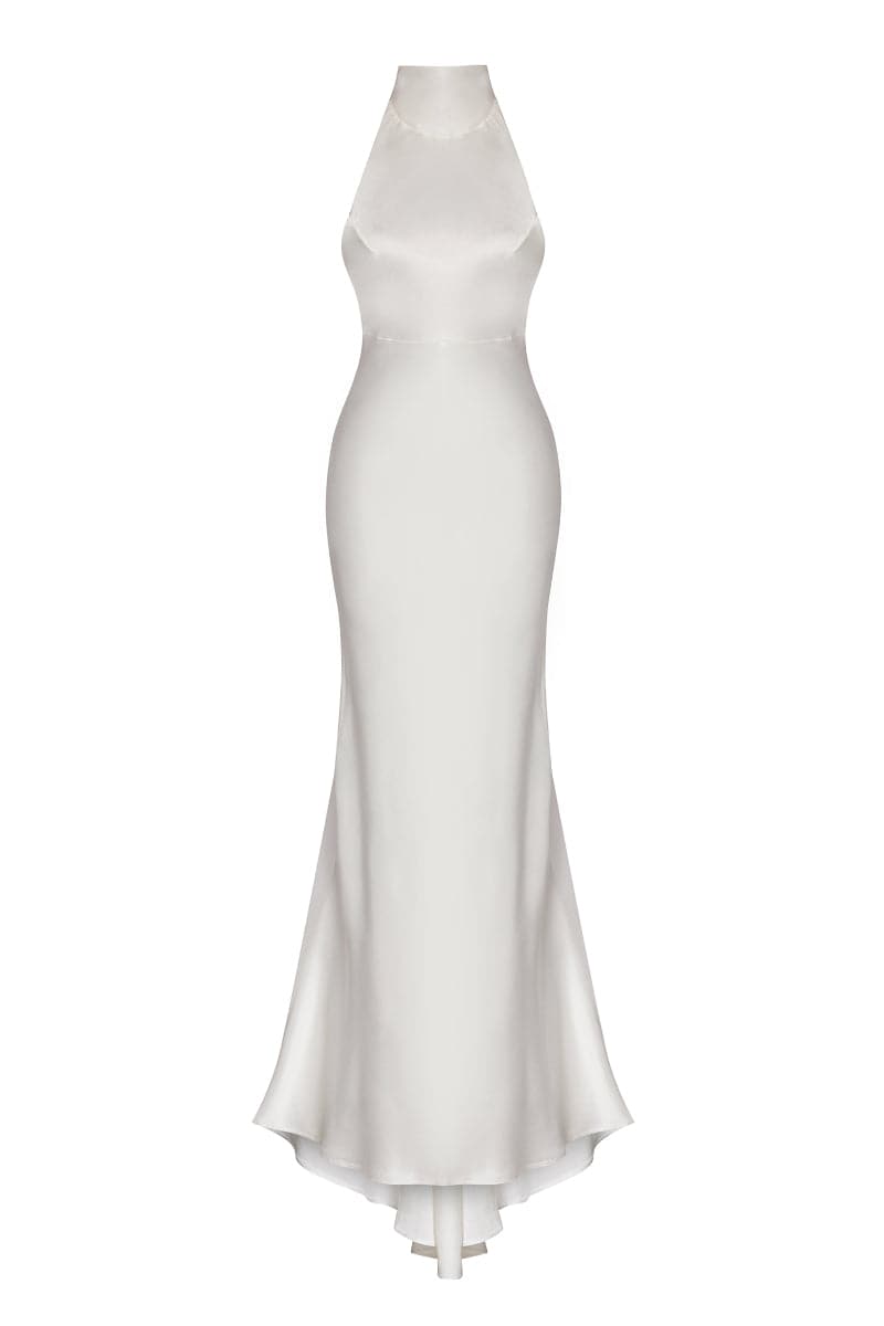 high neck silk dress white HELLO MOLLY The Cleo Halter Satin Maxi Dress Pearl