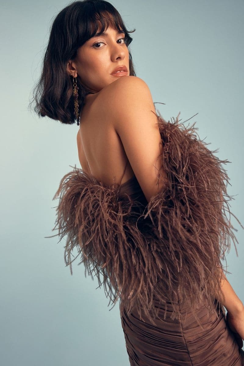 KAIA MOCHA FEATHER MINI DRESS | Nana Gotti | CULT MIA
