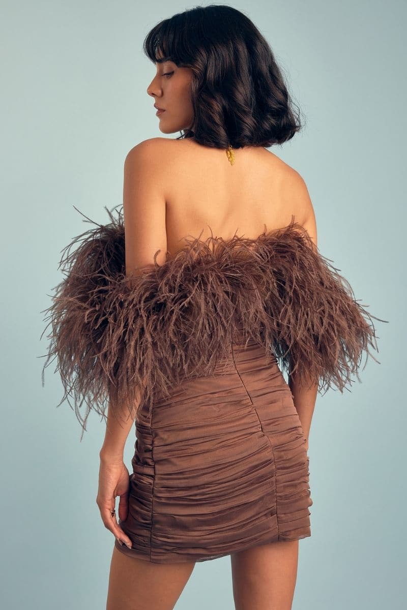 KAIA MOCHA FEATHER MINI DRESS | Nana Gotti | CULT MIA