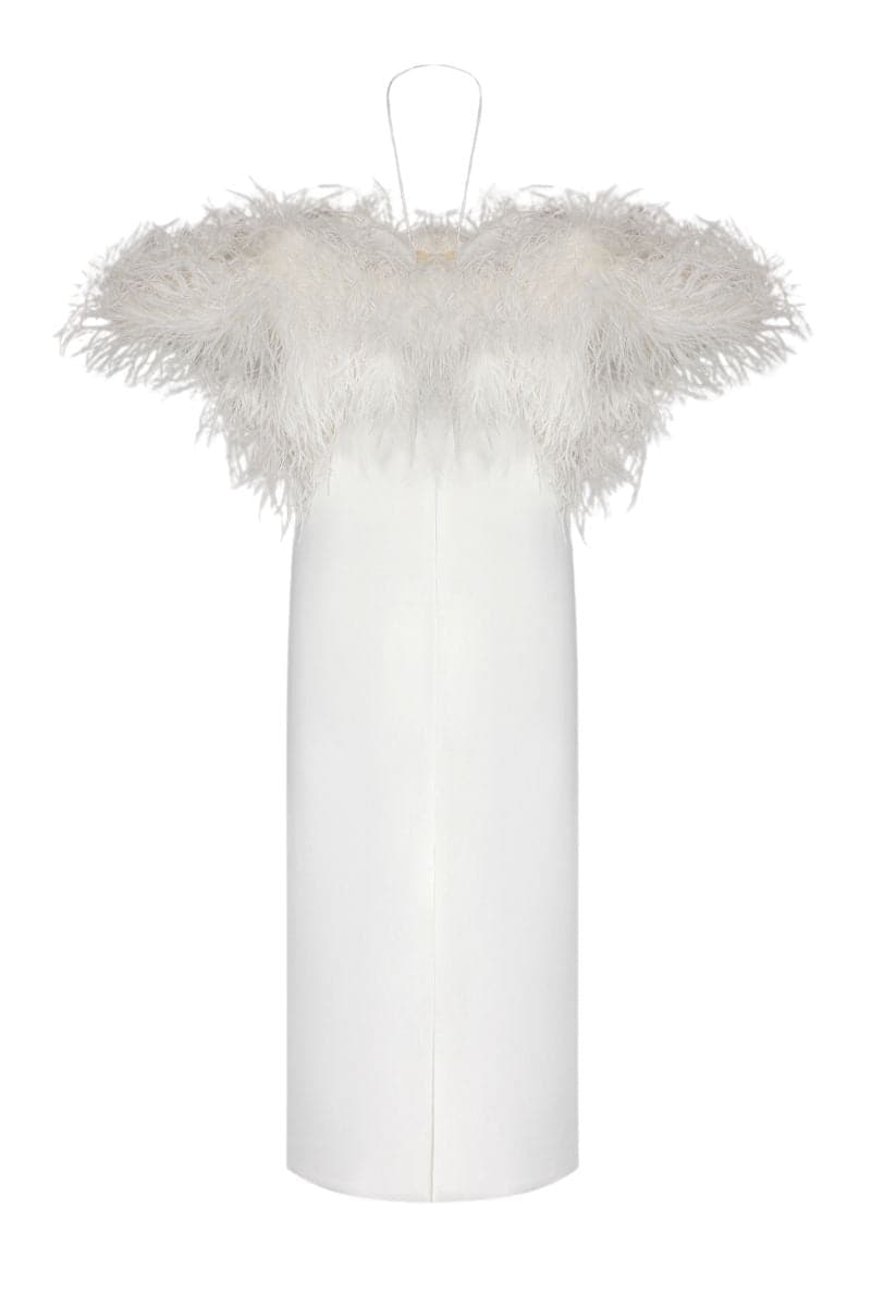 MONIQUE STRAPLESS WHITE FEATHER MIDI DRESS | Nana Gotti | CULT MIA