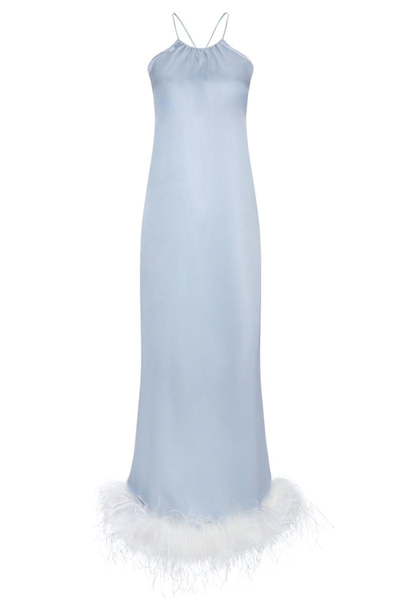 CRYSTAL BLUE BRIDE-TO-BE HALTER NECK SILK MAXI DRESS WITH REMOVABLE FEATHERS | CULT MIA | Not Just Pajama CRYSTAL BLUE BRIDE-TO-BE HALTER NECK SILK MAXI DRESS WITH REMOVABLE FEATHERS | CULT MIA | Not Just Pajama
