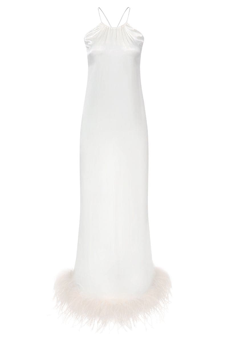 IVORY BRIDE-TO-BE HALTER NECK SILK MAXI DRESS WITH REMOVABLE FEATHERS | CULT MIA | Not Just Pajama IVORY BRIDE-TO-BE HALTER NECK SILK MAXI DRESS WITH REMOVABLE FEATHERS | CULT MIA | Not Just Pajama
