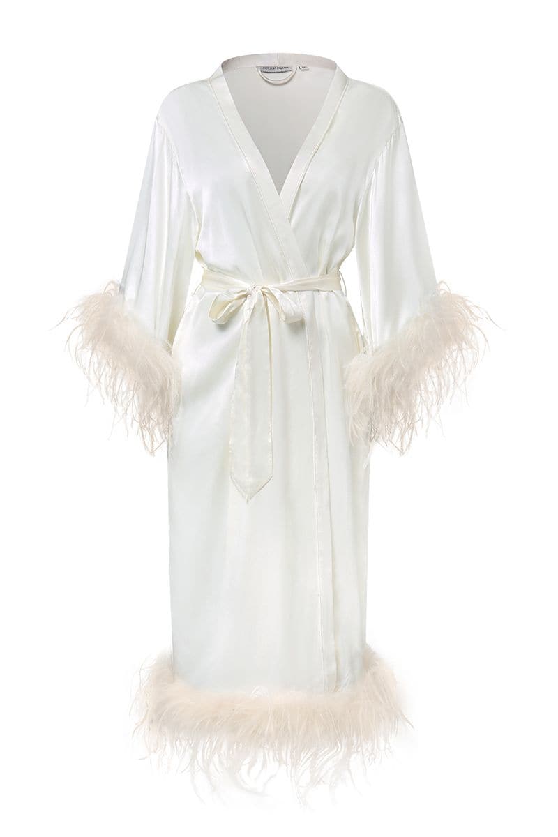 IVORY BRIDE-TO-BE SILK LONG ROBE WITH REMOVABLE FEATHERS | CULT MIA | Not Just Pajama IVORY BRIDE-TO-BE SILK LONG ROBE WITH REMOVABLE FEATHERS | CULT MIA | Not Just Pajama