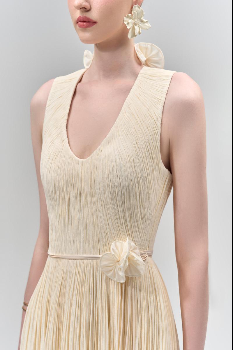 NASIR GATHERED SCOOP NECK TENCEL FLOOR LENGTH DRESS IN CREAM - CULT MIA