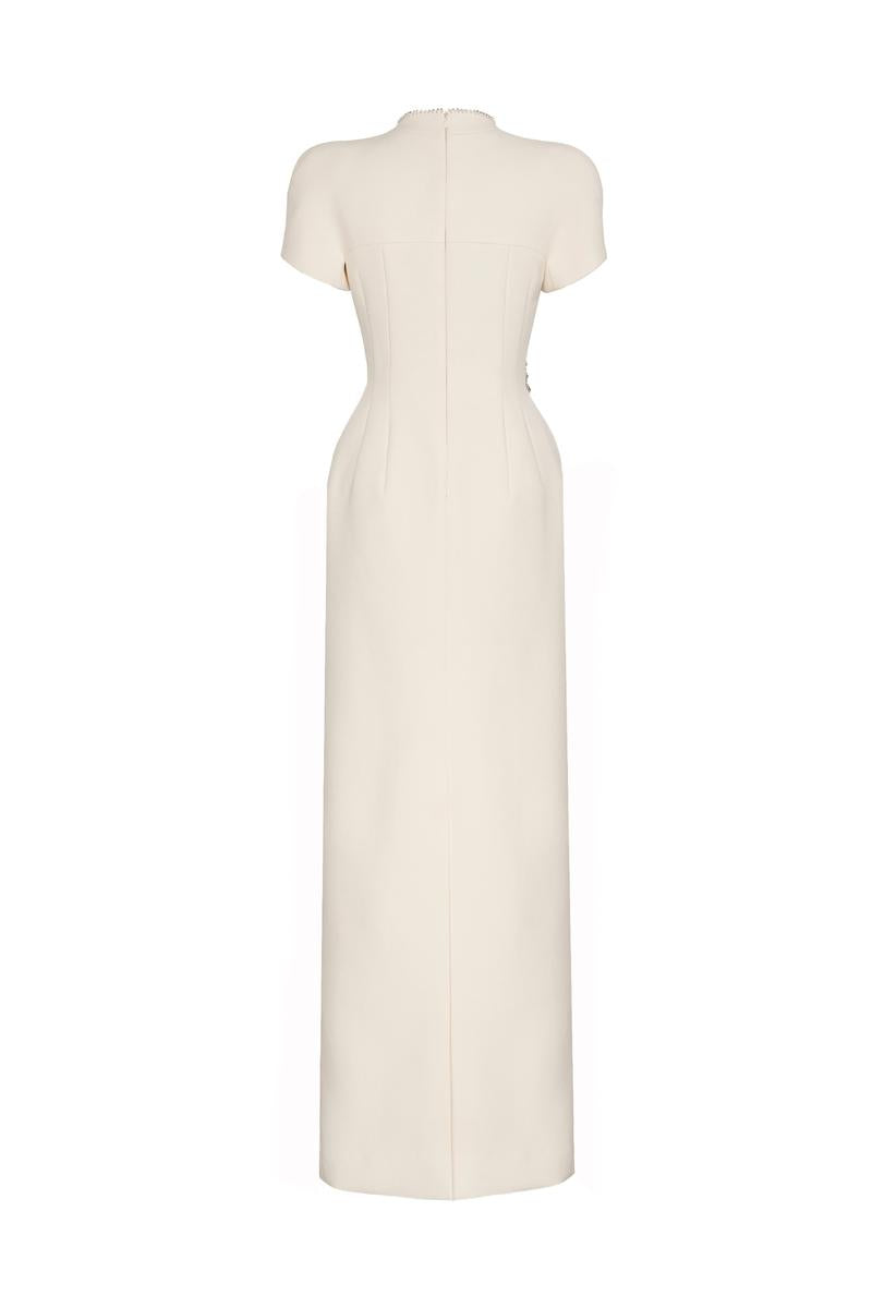 EIRLYS SHEATH PUFFY SLEEVED CREPE FLOOR LENGTH DRESS - CULT MIA