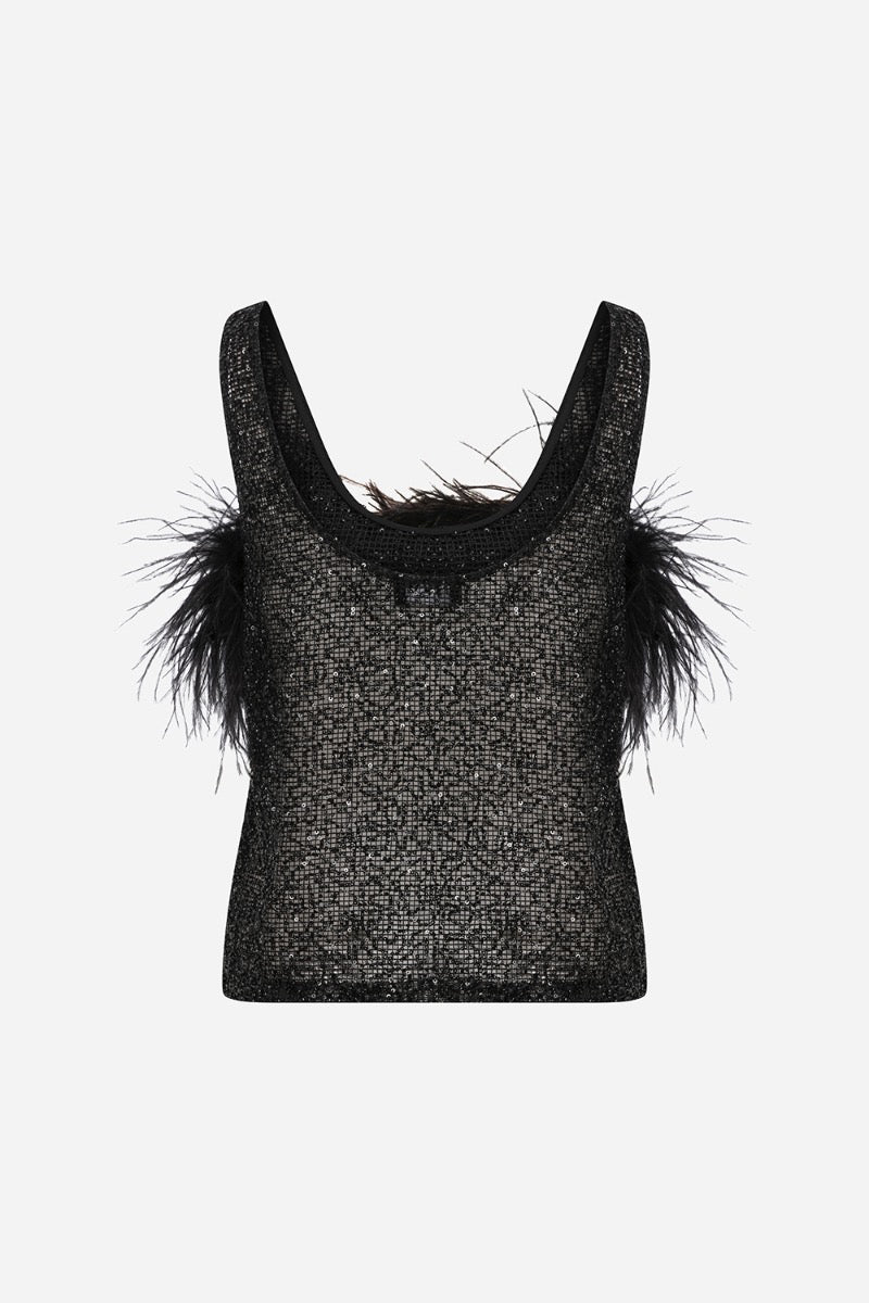 REVE OSTRICH FEATHER DETAILED SEQUIN TOP - CULT MIA