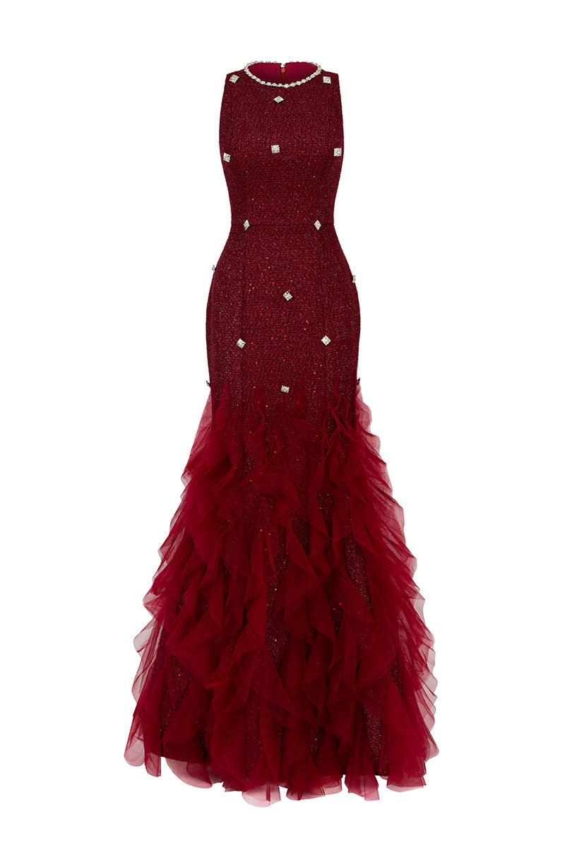 jewel red dress Sleeveless Sheer Jewel Neck Red Lace Hi-lo Prom Dress with Satin Skirt loveangeldress