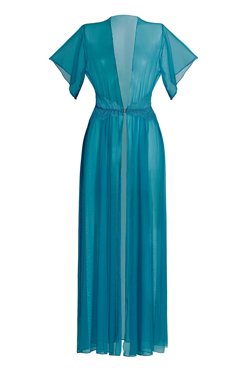 teal sheer dress Beaded 3D Flowers Sheer Train Dress 51918