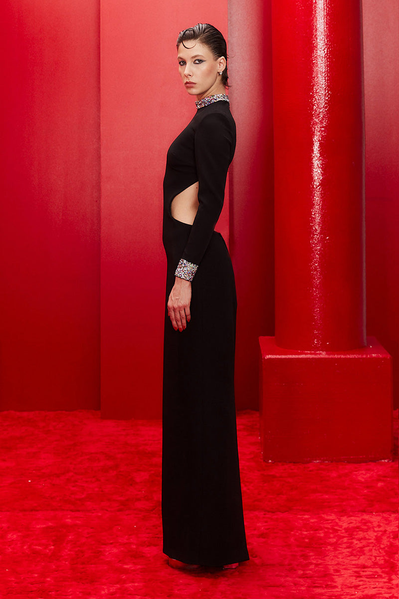 BLACK OPEN-BACK DRESS WITH EMBROIDERED - CULT MIA