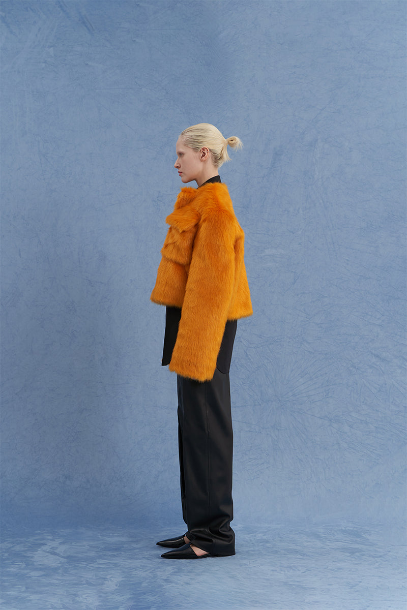 EXAGGERATED SHOULDER SHEARLING JACKET IN ORANGE - CULT MIA
