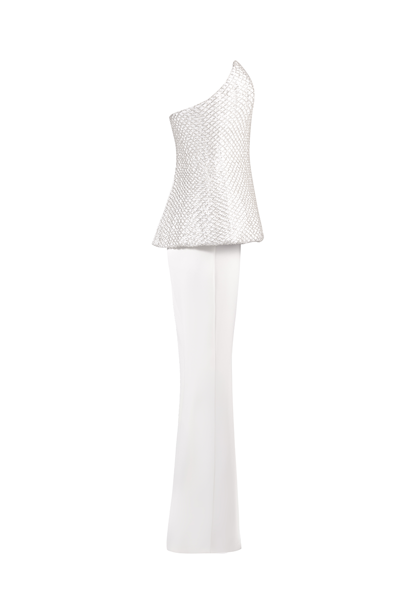 CORSET TOP WITH FLARED TROUSERS SET IN WHITE - CULT MIA