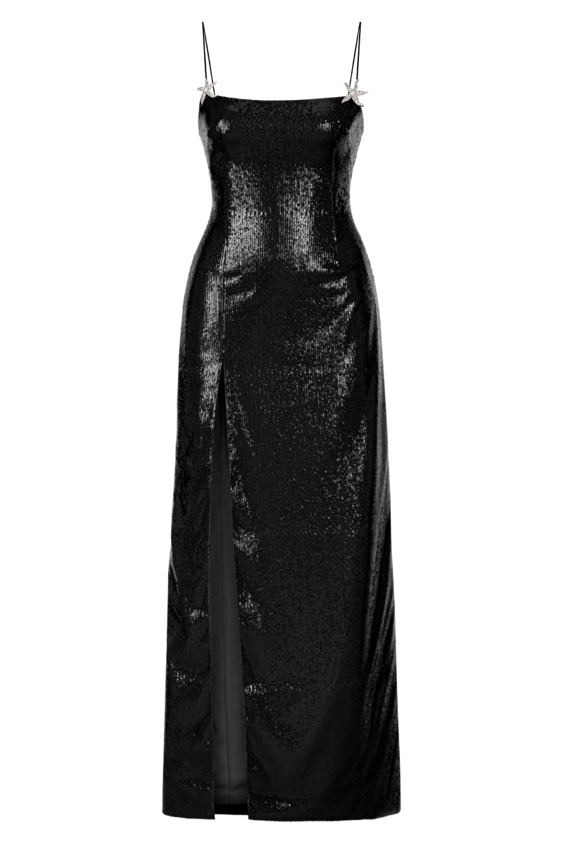 BLACK SEQUINED SLIT MAXI DRESS - Main Image