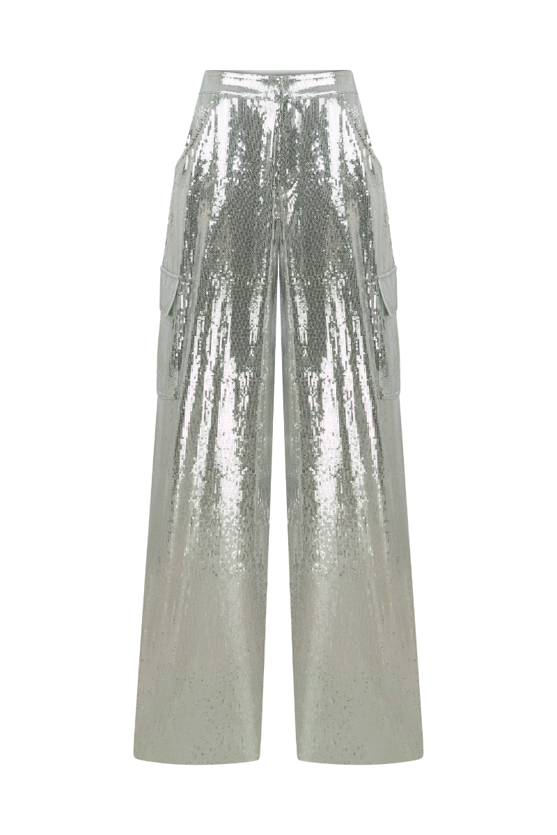 SILVER SEQUIN LOW RISE CARGO PANTS