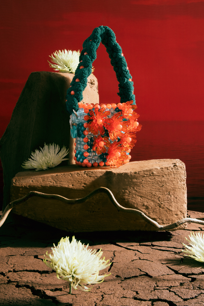 ORANGE AND TEAL ATACAMA BEADED TOP HANDLE BAG | Tam Illi | CULT MIA