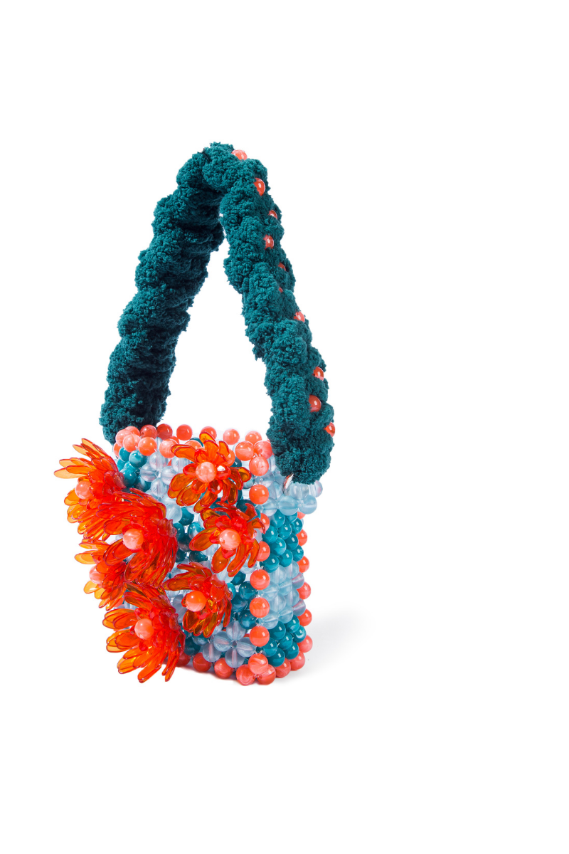 ORANGE AND TEAL ATACAMA BEADED TOP HANDLE BAG | Tam Illi | CULT MIA