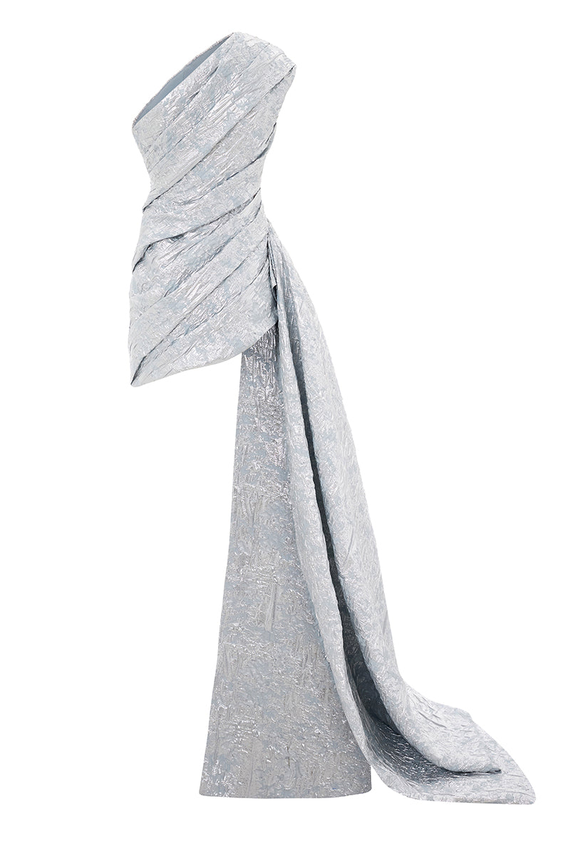 ONE-SHOULDER DRAPED MINI DRESS WITH TAIL IN SILVER - CULT MIA