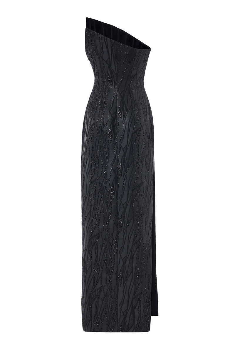 ASYMMETRIC BROCADE DRESS IN BLACK - CULT MIA