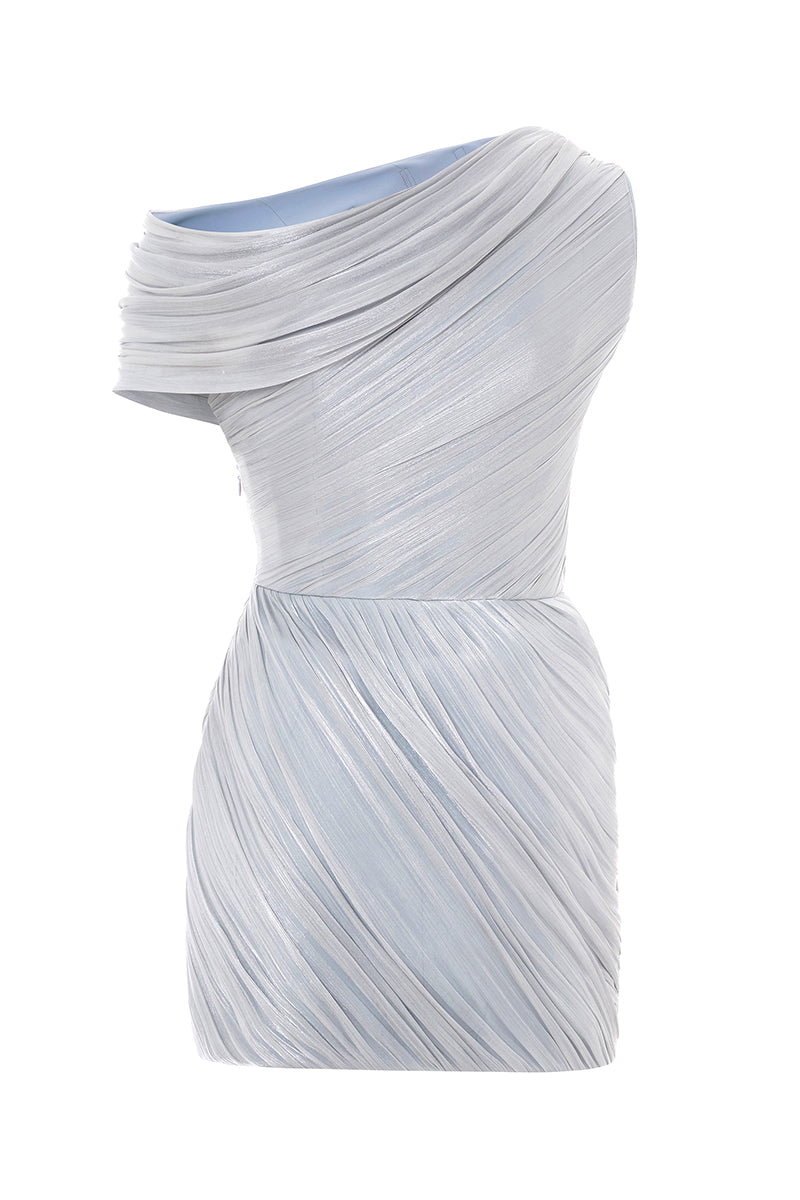 DRAPED ONE-SHOULDER DRESS IN LIGHT BLUE - CULT MIA