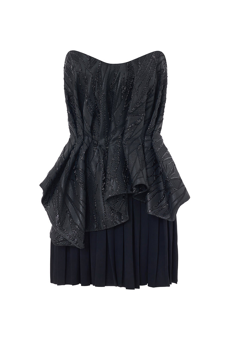 BROCADE MINI DRESS WITH DRAPE IN BLACK - CULT MIA