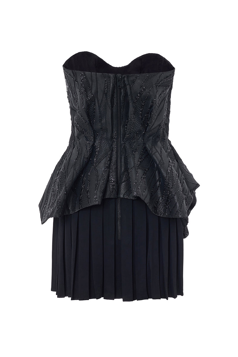 BROCADE MINI DRESS WITH DRAPE IN BLACK - CULT MIA
