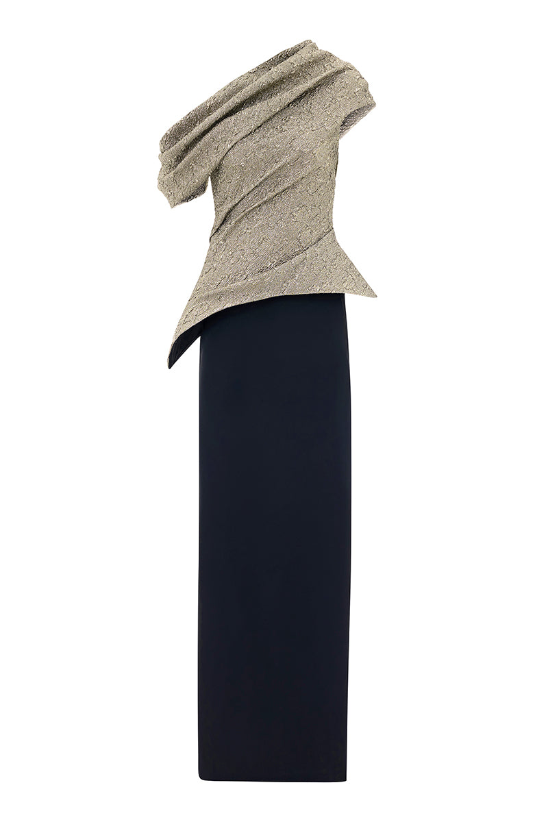 black & cream asymmetric draped dress Black & Cream Asymmetric Draped Dress