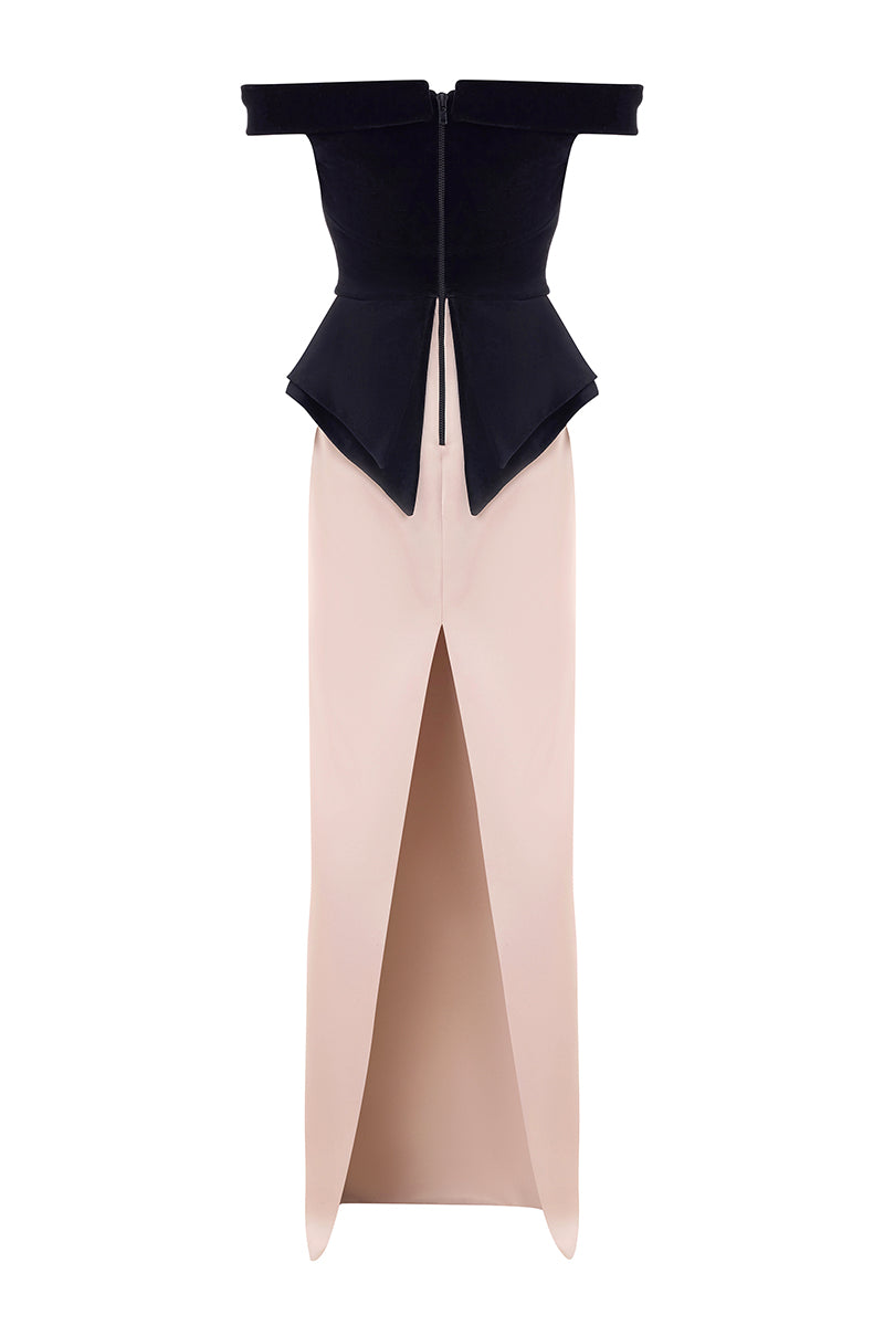VELVET SATIN BATEAU DRESS IN BLACK NUDE - CULT MIA