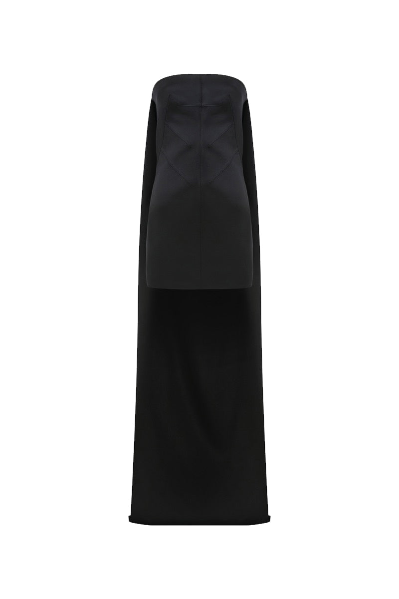 mini dress with long train Elegant Black Ruffled Mini Dress With Train