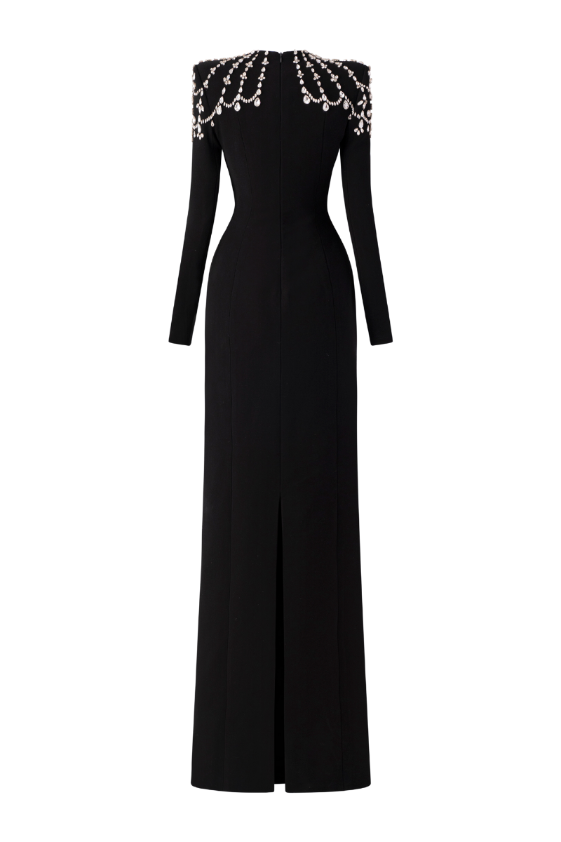 LONG SLEEVE TRAPEZOID NECKLINE BODYCON FULL DRESS | Tracy Studio | CULT MIA