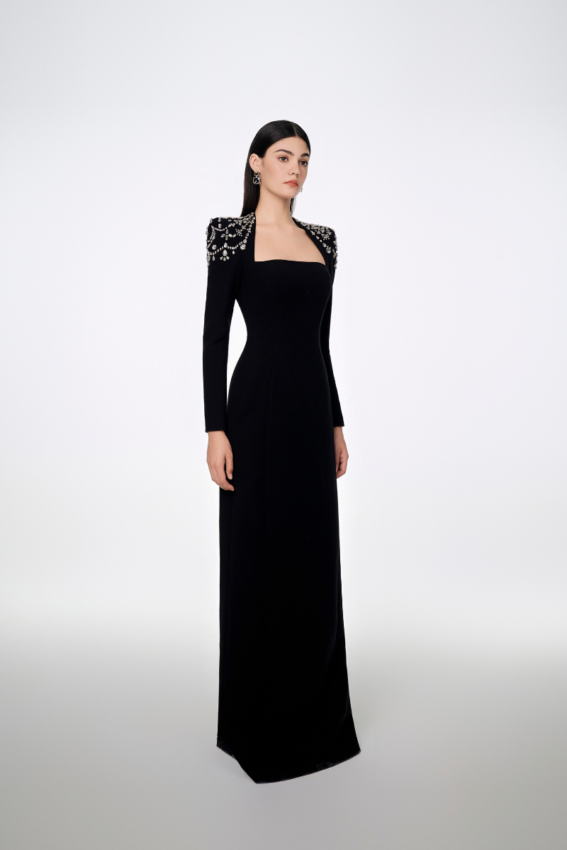 LONG SLEEVE TRAPEZOID NECKLINE BODYCON FULL DRESS | Tracy Studio | CULT MIA