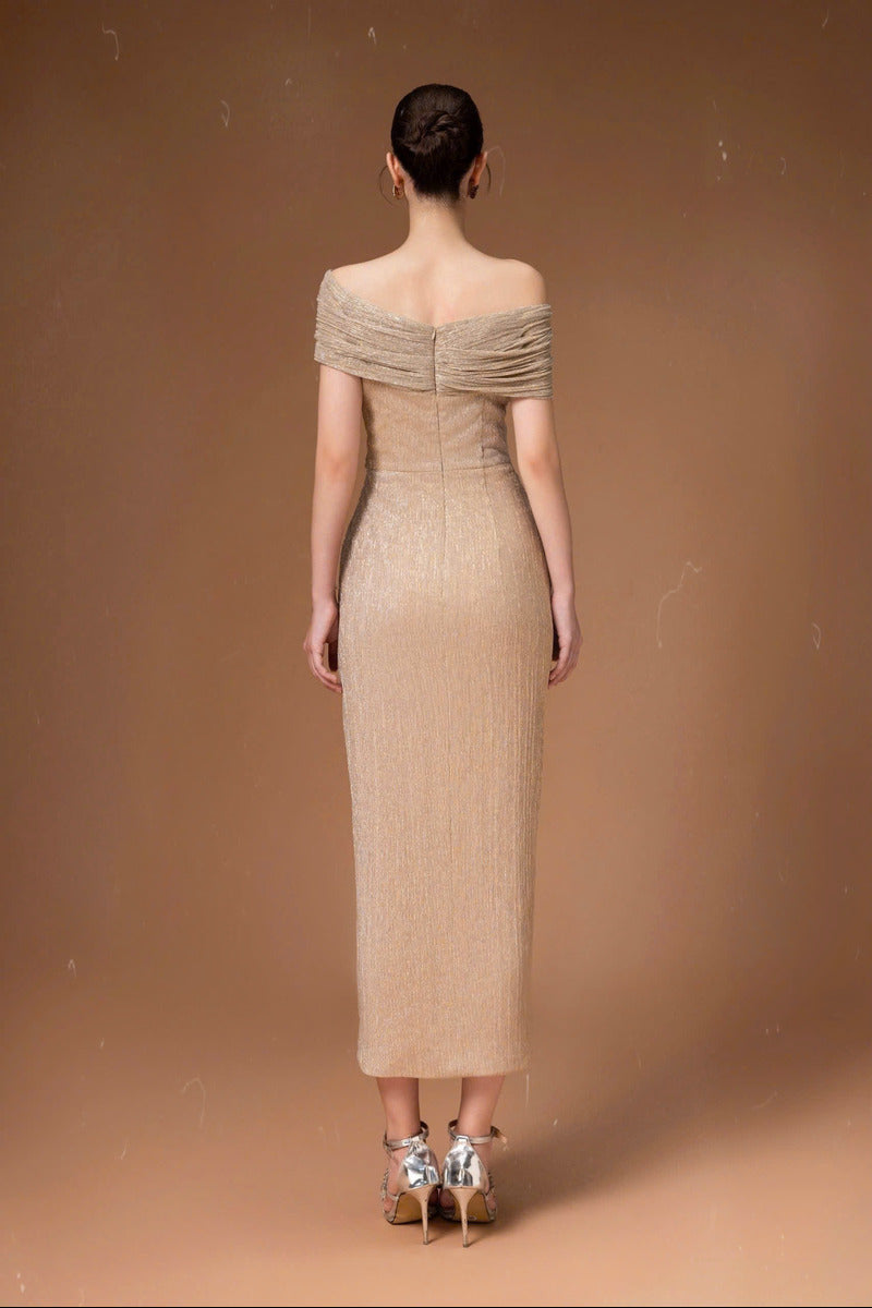 OFF SHOULDER MIDI DRESS IN NUDE - CULT MIA