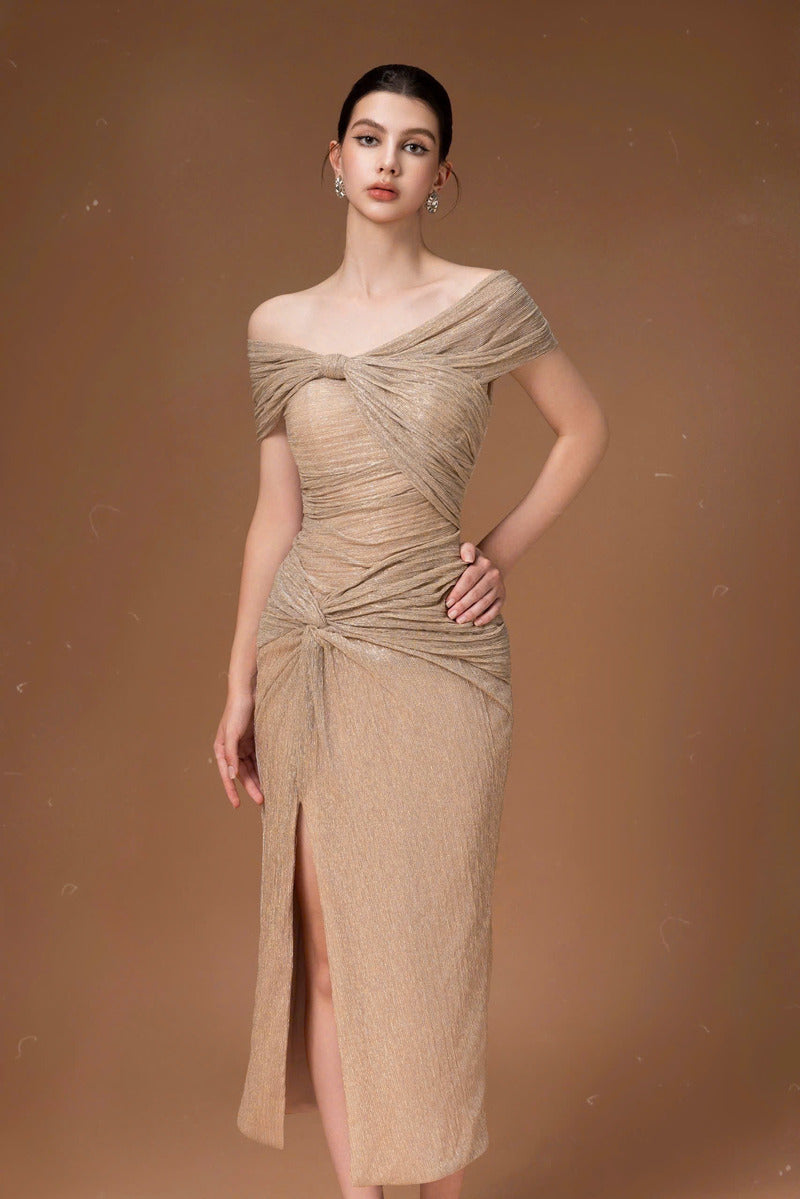 OFF SHOULDER MIDI DRESS IN NUDE - CULT MIA