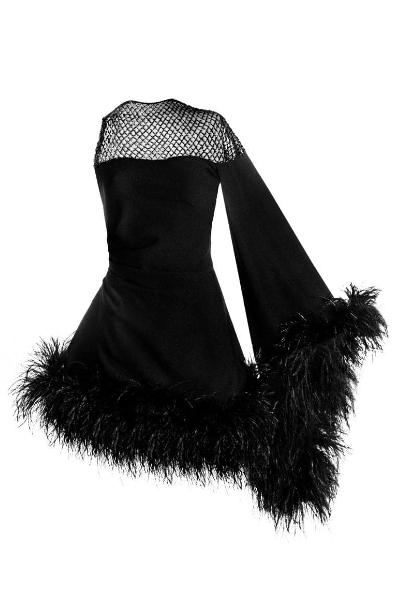 Monika Dimova Aurora Asymmetric Draped Black Feather Dress