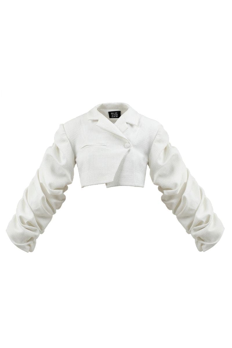 CRUMPLE-SLEEVE CROPPED WHITE BLAZER | Blikvanger | CULT MIA