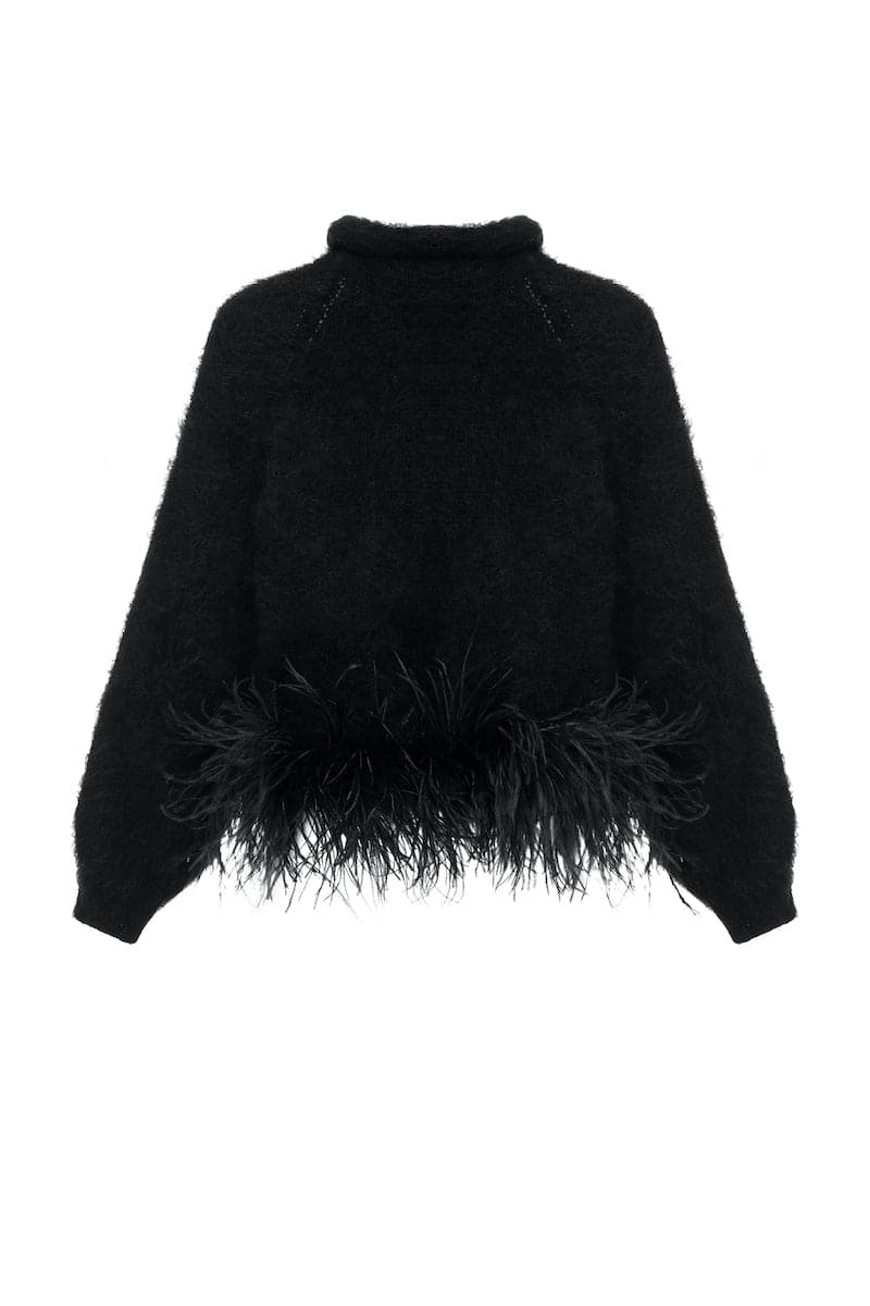 BLACK HIGH-NECK KNIT WOOL SWEATER WITH FEATHER-DETAILING | Lalo | CULT MIA