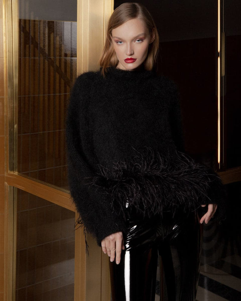 BLACK HIGH-NECK KNIT WOOL SWEATER WITH FEATHER-DETAILING | Lalo | CULT MIA