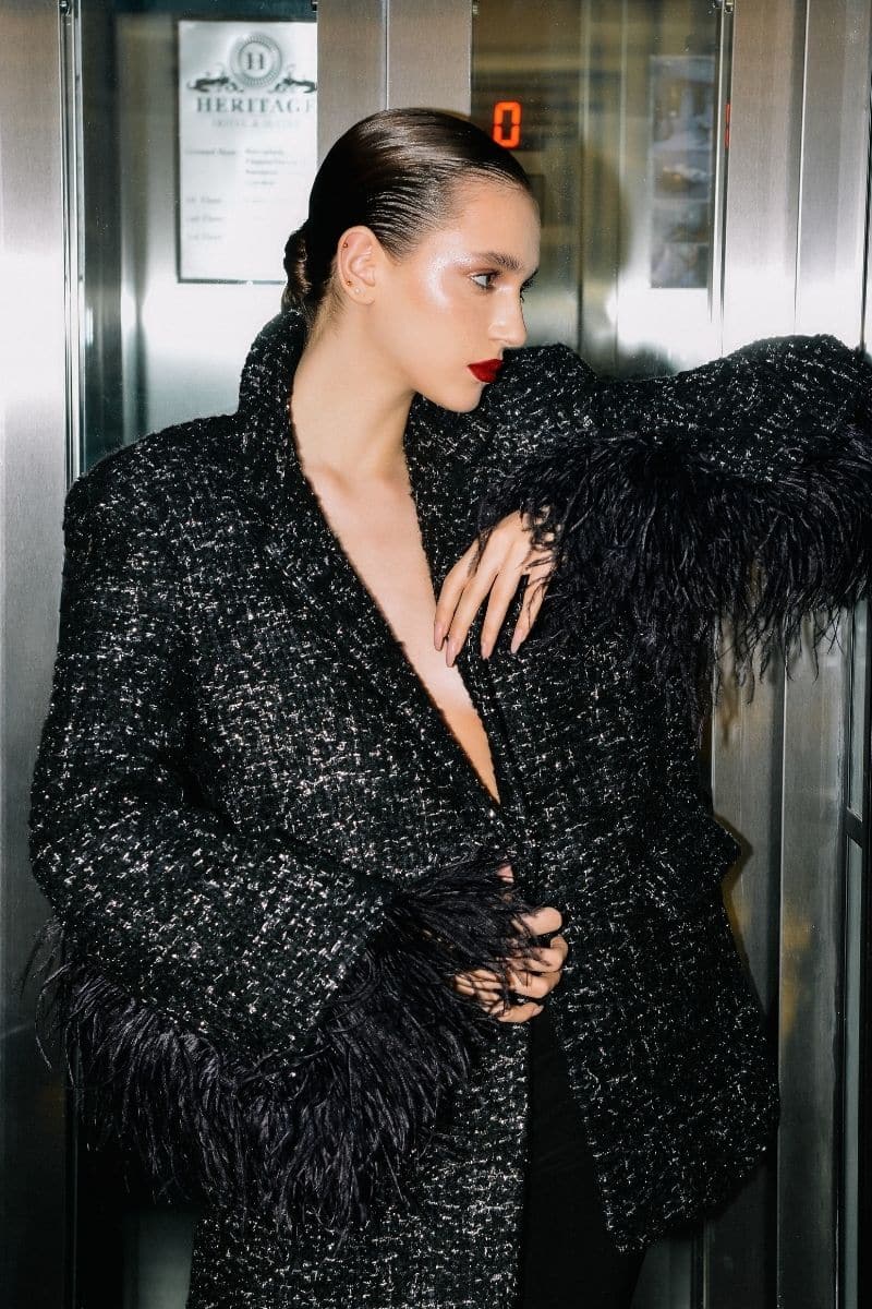 BLACK WOOL-BLEND JACKET WITH FEATHER-DETAILING | Lalo | CULT MIA