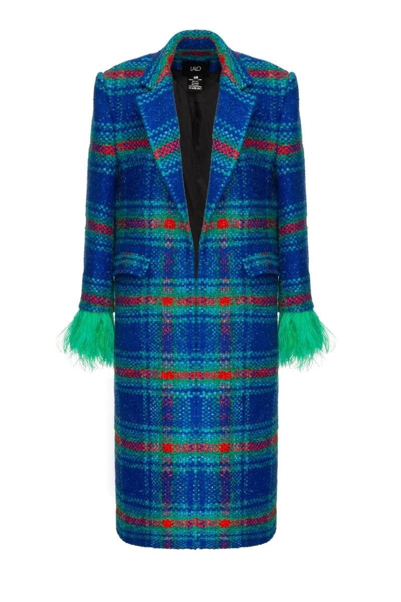 CHECKERED BLUE WOOL AND MOHAIR-BLEND COAT | Lalo | CULT MIA